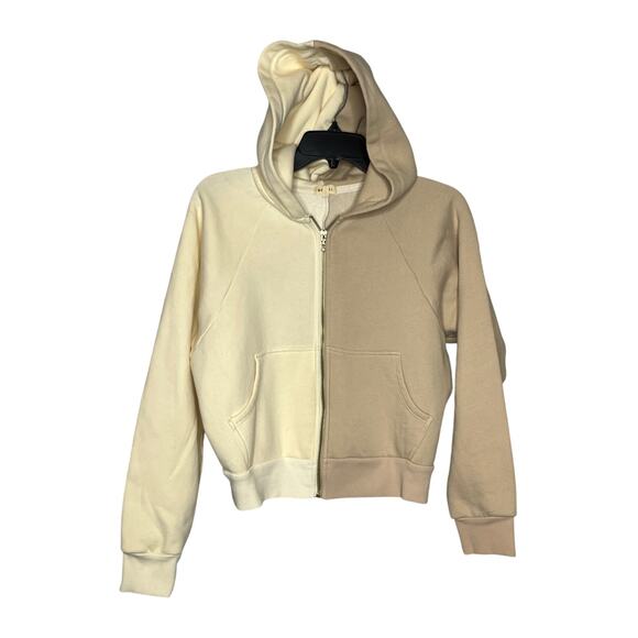 Donni SMALL Fleece Lined Cream Colorblock Zip Front Hoodie Sweatshirt - Picture 2 of 10